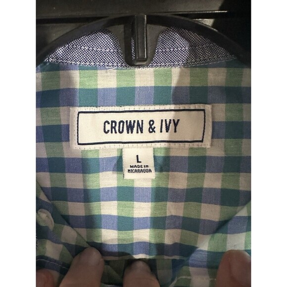Crown & Ivy Men L Blue White Green Long Sleeve Button Down‎ Plaid Men's - Picture 5 of 7